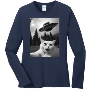 Funny Cat Selfie With A Ufo Ladies Long Sleeve Shirt