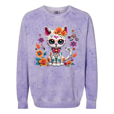 Floral Cat Sugar Skull Day Of The Dead Dia De Los Muertos Colorblast Crewneck Sweatshirt