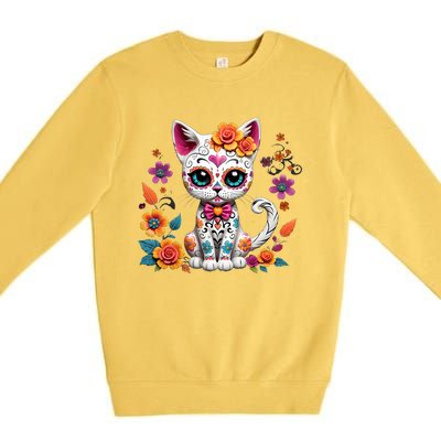 Floral Cat Sugar Skull Day Of The Dead Dia De Los Muertos Premium Crewneck Sweatshirt