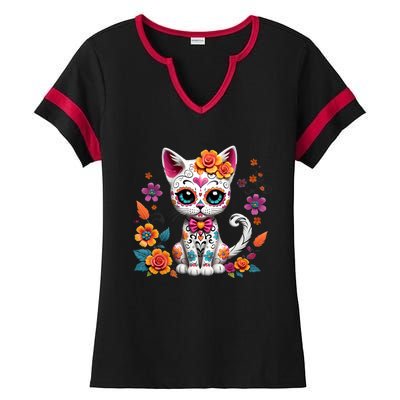 Floral Cat Sugar Skull Day Of The Dead Dia De Los Muertos Ladies Halftime Notch Neck Tee