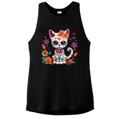 Floral Cat Sugar Skull Day Of The Dead Dia De Los Muertos Ladies PosiCharge Tri-Blend Wicking Tank