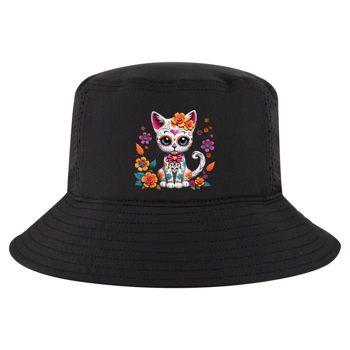 Floral Cat Sugar Skull Day Of The Dead Dia De Los Muertos Cool Comfort Performance Bucket Hat
