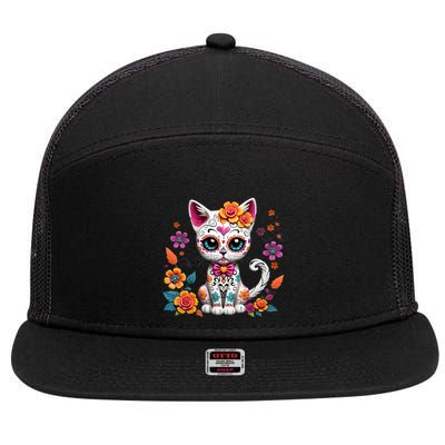 Floral Cat Sugar Skull Day Of The Dead Dia De Los Muertos 7 Panel Mesh Trucker Snapback Hat