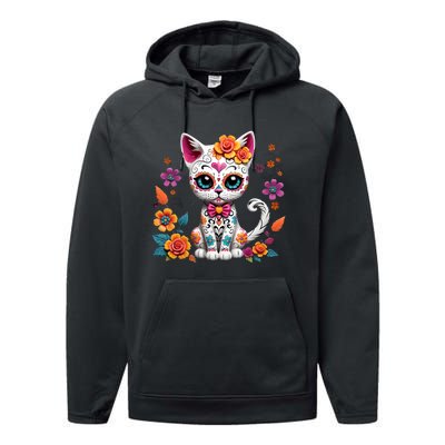 Floral Cat Sugar Skull Day Of The Dead Dia De Los Muertos Performance Fleece Hoodie