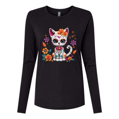 Floral Cat Sugar Skull Day Of The Dead Dia De Los Muertos Womens Cotton Relaxed Long Sleeve T-Shirt