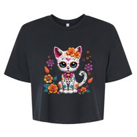 Floral Cat Sugar Skull Day Of The Dead Dia De Los Muertos Bella+Canvas Jersey Crop Tee