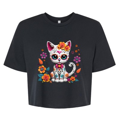 Floral Cat Sugar Skull Day Of The Dead Dia De Los Muertos Bella+Canvas Jersey Crop Tee