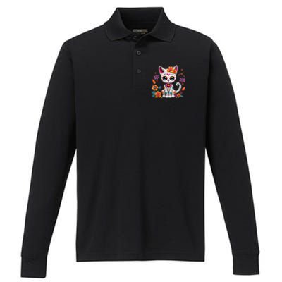 Floral Cat Sugar Skull Day Of The Dead Dia De Los Muertos Performance Long Sleeve Polo