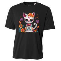 Floral Cat Sugar Skull Day Of The Dead Dia De Los Muertos Cooling Performance Crew T-Shirt