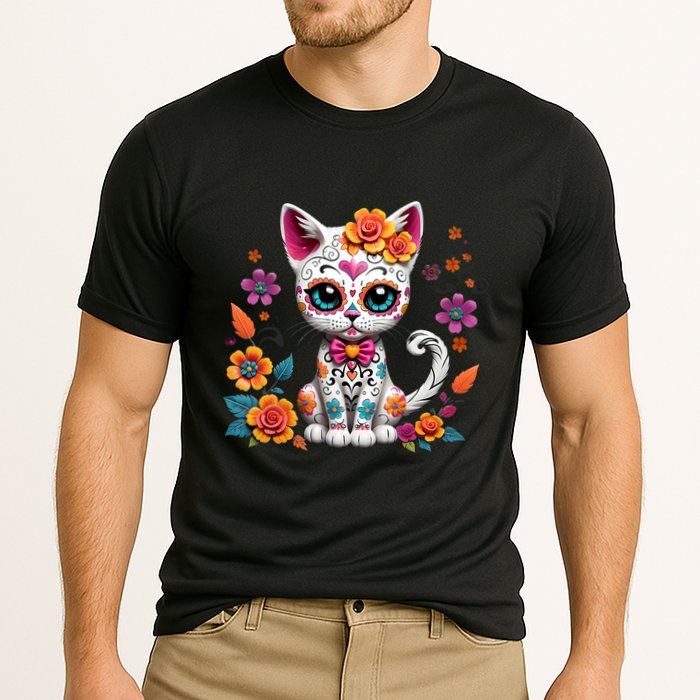 Floral Cat Sugar Skull Day Of The Dead Dia De Los Muertos Cooling Performance Crew T-Shirt