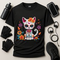 Floral Cat Sugar Skull Day Of The Dead Dia De Los Muertos Cooling Performance Crew T-Shirt
