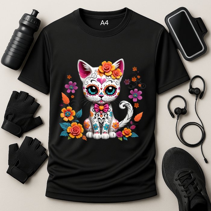 Floral Cat Sugar Skull Day Of The Dead Dia De Los Muertos Cooling Performance Crew T-Shirt