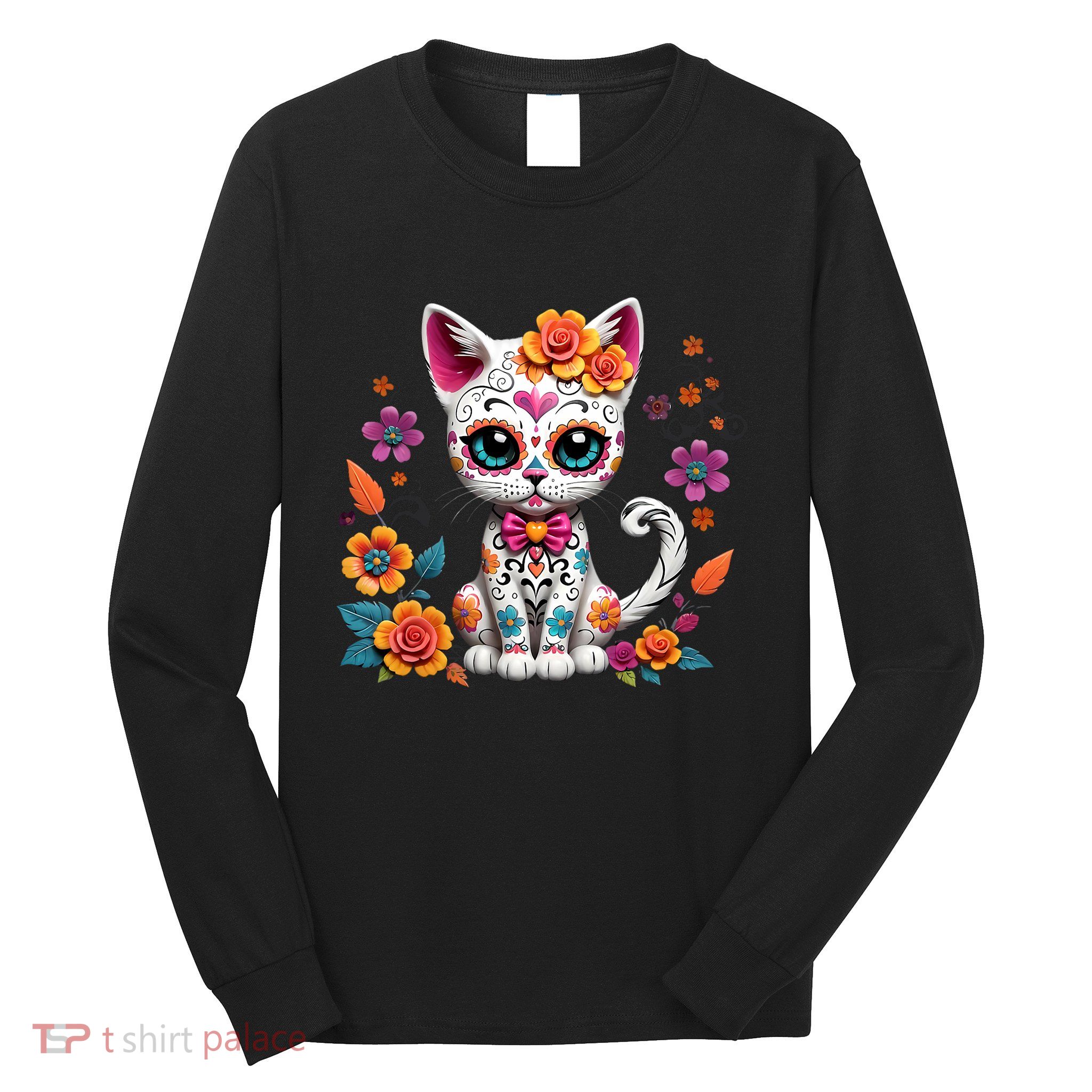 Floral Cat Sugar Skull Day Of The Dead Dia De Los Muertos Long Sleeve Shirt