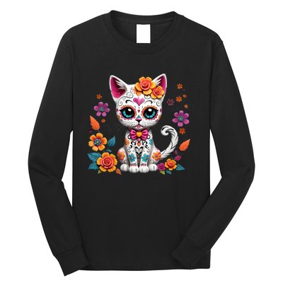 Floral Cat Sugar Skull Day Of The Dead Dia De Los Muertos Long Sleeve Shirt