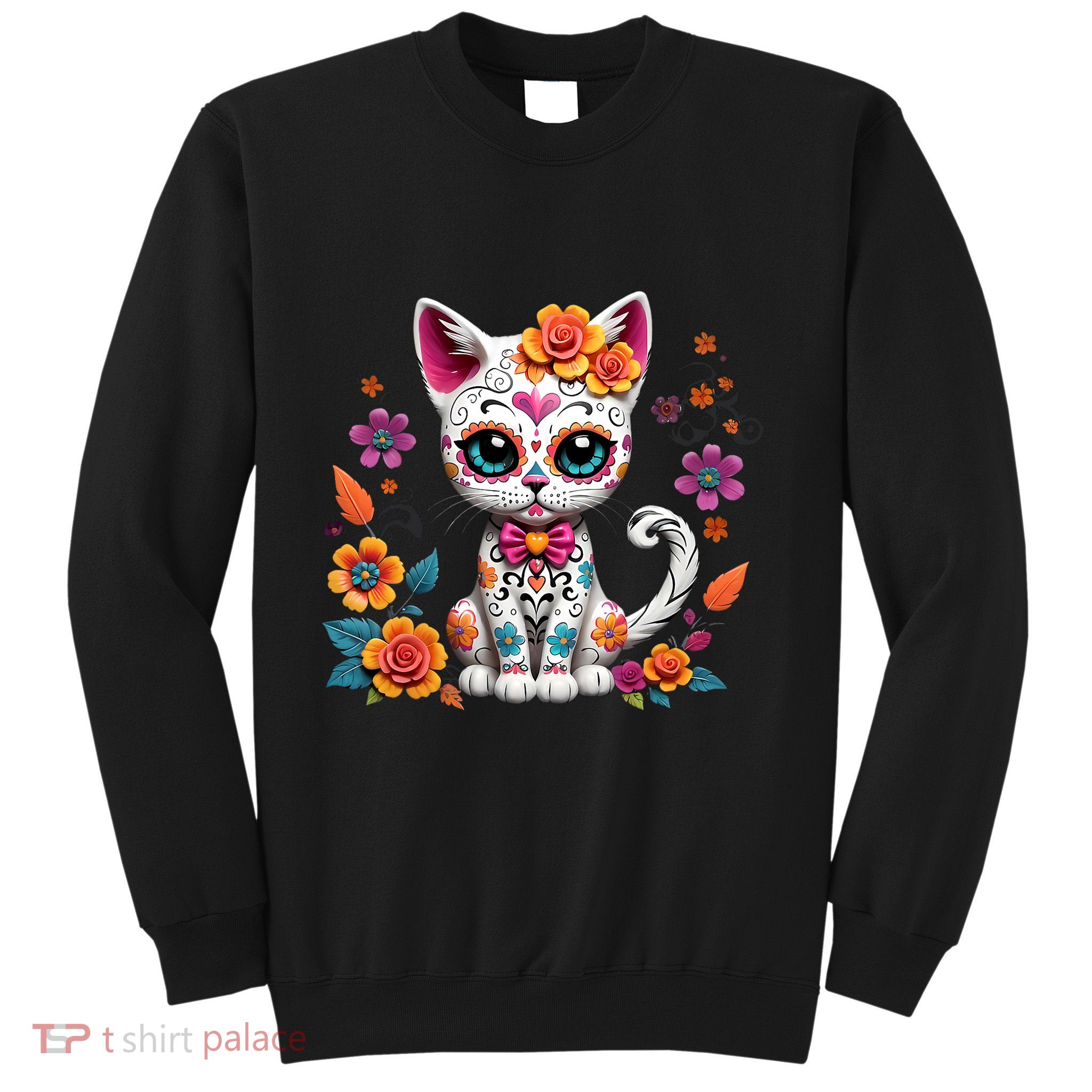 Floral Cat Sugar Skull Day Of The Dead Dia De Los Muertos Sweatshirt