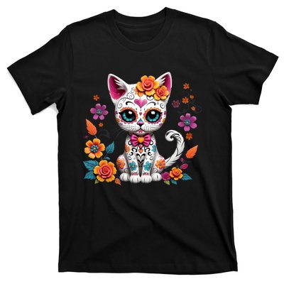 Floral Cat Sugar Skull Day Of The Dead Dia De Los Muertos T-Shirt