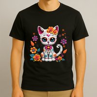 Floral Cat Sugar Skull Day Of The Dead Dia De Los Muertos T-Shirt
