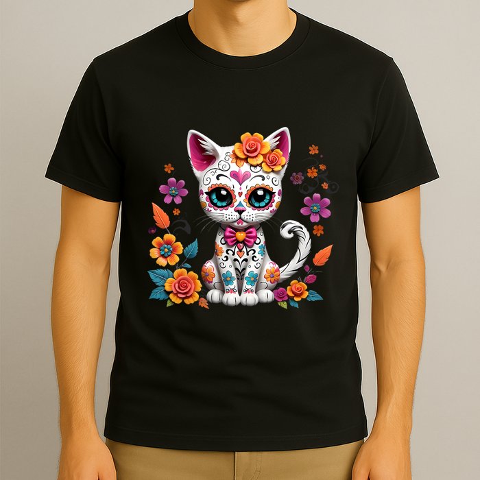 Floral Cat Sugar Skull Day Of The Dead Dia De Los Muertos T-Shirt