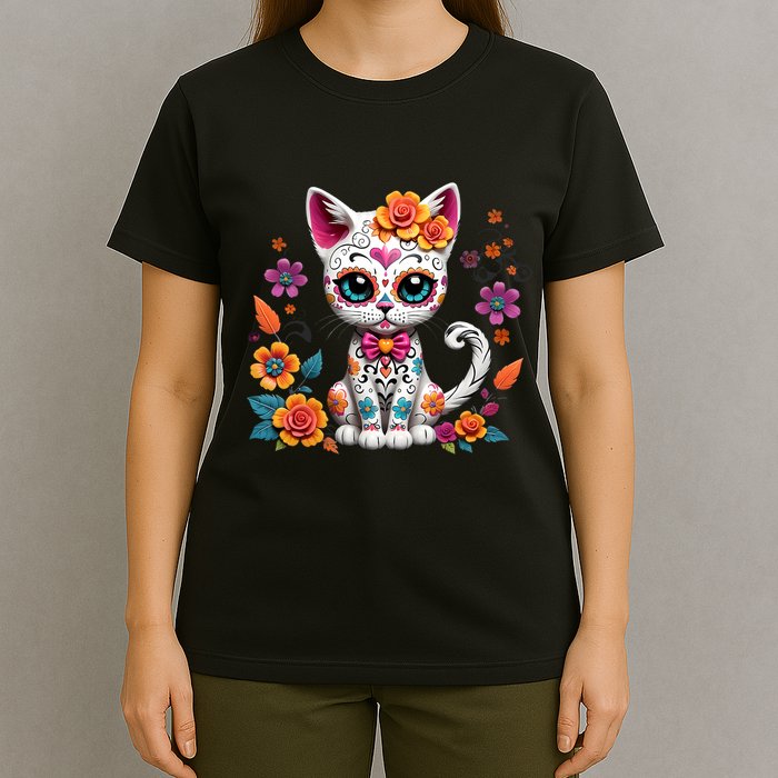 Floral Cat Sugar Skull Day Of The Dead Dia De Los Muertos T-Shirt