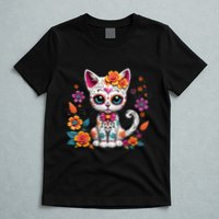 Floral Cat Sugar Skull Day Of The Dead Dia De Los Muertos T-Shirt