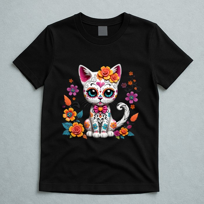 Floral Cat Sugar Skull Day Of The Dead Dia De Los Muertos T-Shirt