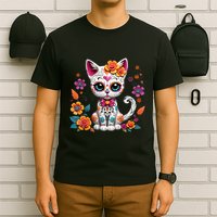 Floral Cat Sugar Skull Day Of The Dead Dia De Los Muertos T-Shirt