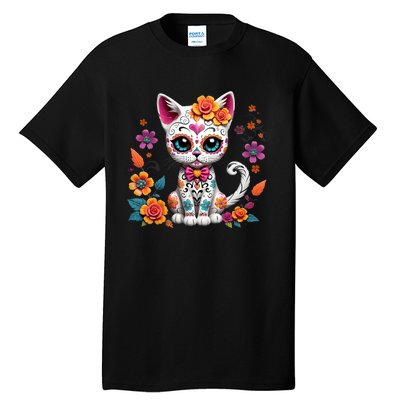 Floral Cat Sugar Skull Day Of The Dead Dia De Los Muertos Tall T-Shirt