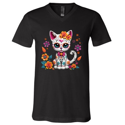 Floral Cat Sugar Skull Day Of The Dead Dia De Los Muertos V-Neck T-Shirt