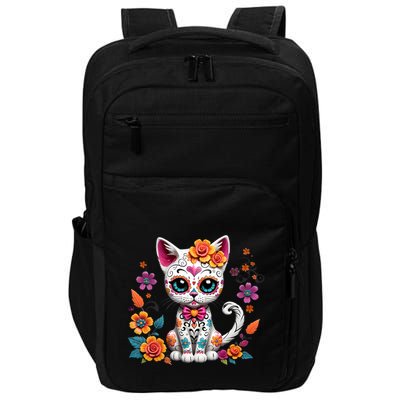 Floral Cat Sugar Skull Day Of The Dead Dia De Los Muertos Impact Tech Backpack