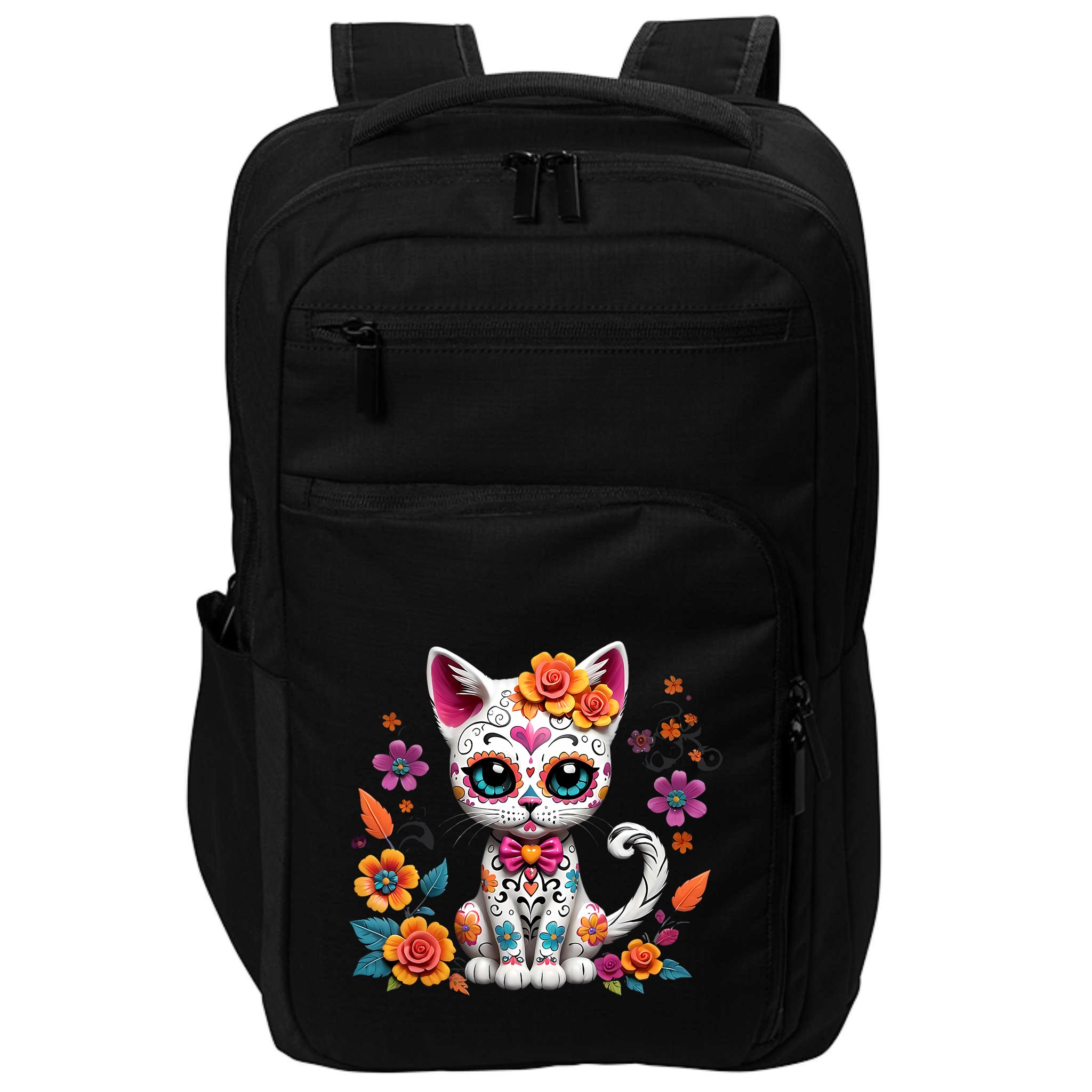 Floral Cat Sugar Skull Day Of The Dead Dia De Los Muertos Impact Tech Backpack