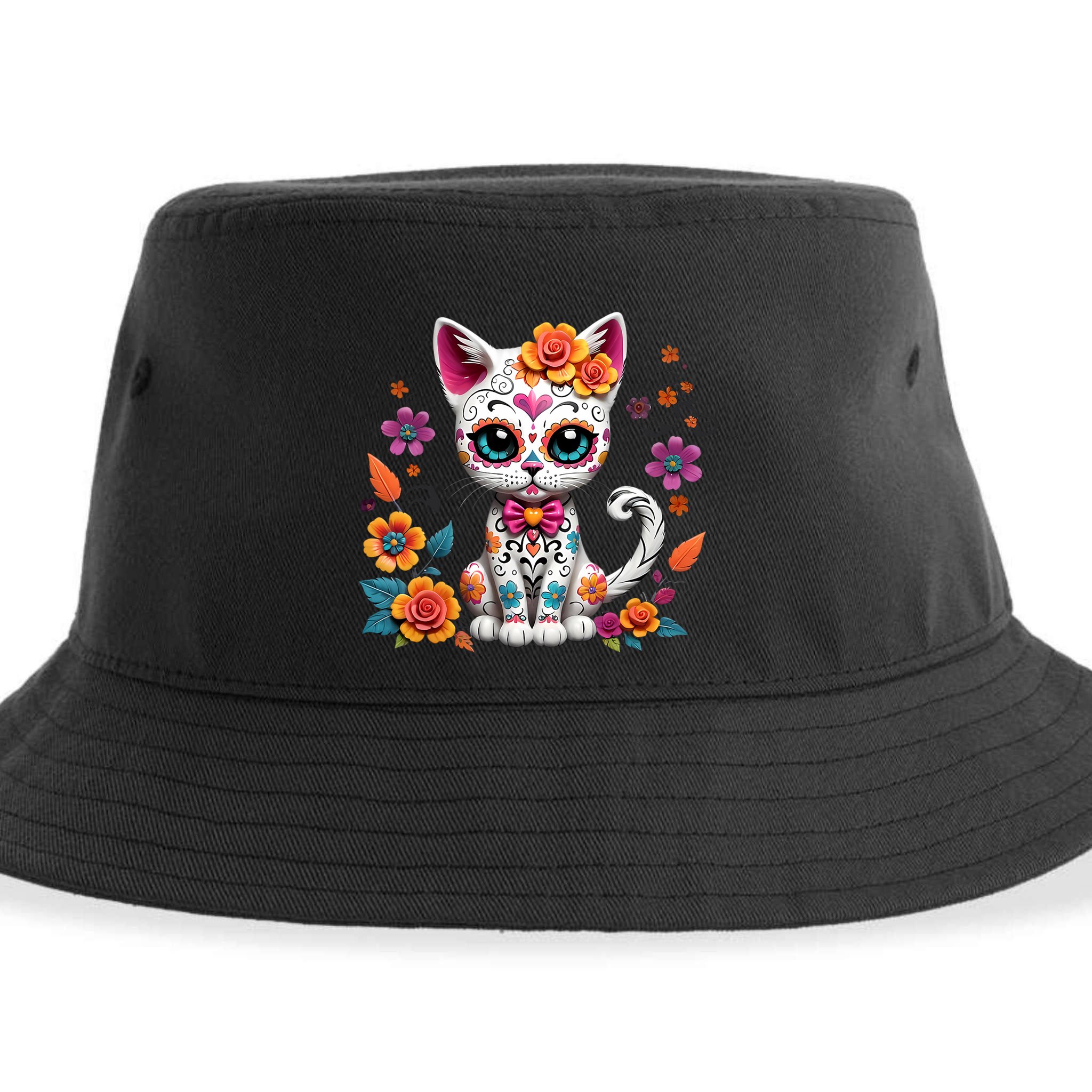 Floral Cat Sugar Skull Day Of The Dead Dia De Los Muertos Sustainable Bucket Hat