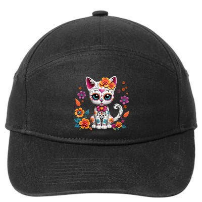 Floral Cat Sugar Skull Day Of The Dead Dia De Los Muertos 7-Panel Snapback Hat