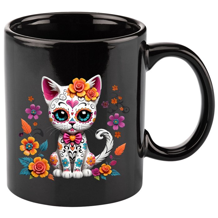 Floral Cat Sugar Skull Day Of The Dead Dia De Los Muertos 11oz C Handle Ceramic Mug