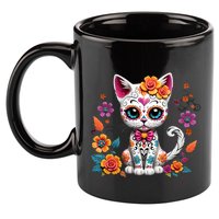Floral Cat Sugar Skull Day Of The Dead Dia De Los Muertos 11oz C Handle Ceramic Mug