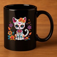 Floral Cat Sugar Skull Day Of The Dead Dia De Los Muertos 11oz C Handle Ceramic Mug