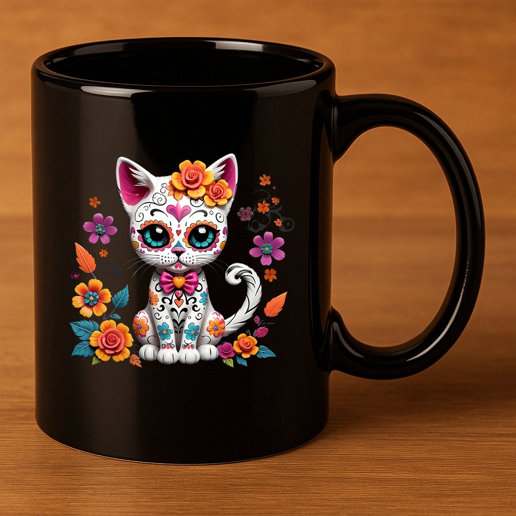 Floral Cat Sugar Skull Day Of The Dead Dia De Los Muertos 11oz C Handle Ceramic Mug