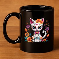 Floral Cat Sugar Skull Day Of The Dead Dia De Los Muertos 11oz C Handle Ceramic Mug