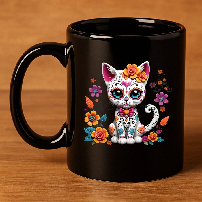 Floral Cat Sugar Skull Day Of The Dead Dia De Los Muertos 11oz C Handle Ceramic Mug