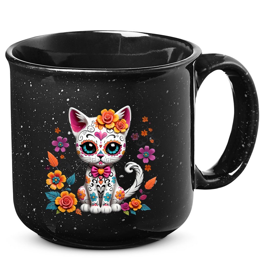 Floral Cat Sugar Skull Day Of The Dead Dia De Los Muertos 15oz Campfire Ceramic Mug