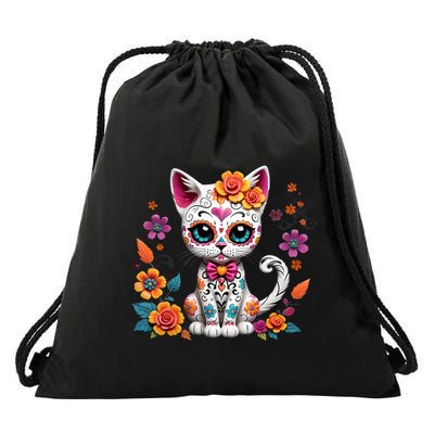 Floral Cat Sugar Skull Day Of The Dead Dia De Los Muertos Drawstring Bag