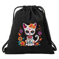 Floral Cat Sugar Skull Day Of The Dead Dia De Los Muertos Drawstring Bag