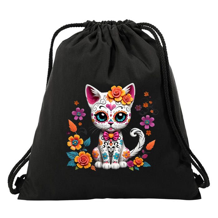 Floral Cat Sugar Skull Day Of The Dead Dia De Los Muertos Drawstring Bag