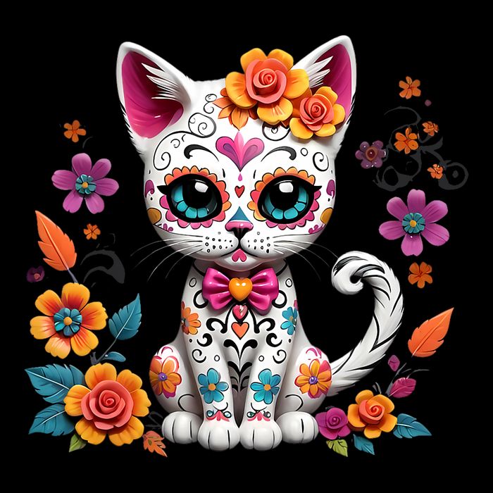 Floral Cat Sugar Skull Day Of The Dead Dia De Los Muertos Drawstring Bag
