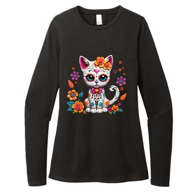 Floral Cat Sugar Skull Day Of The Dead Dia De Los Muertos Womens CVC Long Sleeve Shirt