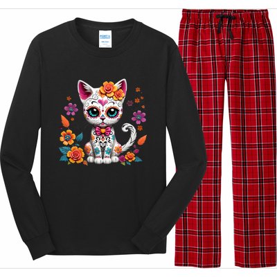 Floral Cat Sugar Skull Day Of The Dead Dia De Los Muertos Long Sleeve Pajama Set