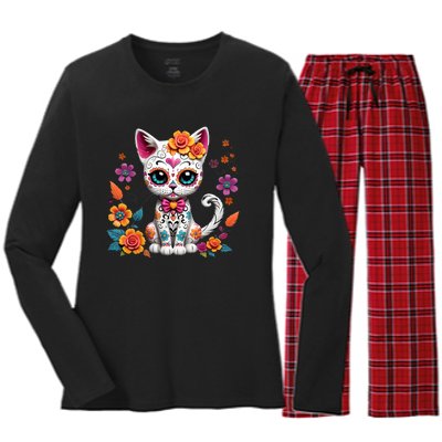 Floral Cat Sugar Skull Day Of The Dead Dia De Los Muertos Women's Long Sleeve Flannel Pajama Set 