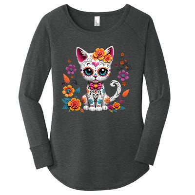 Floral Cat Sugar Skull Day Of The Dead Dia De Los Muertos Women's Perfect Tri Tunic Long Sleeve Shirt