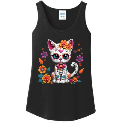 Floral Cat Sugar Skull Day Of The Dead Dia De Los Muertos Ladies Essential Tank