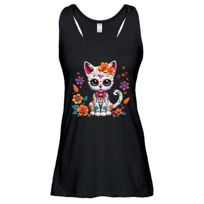 Floral Cat Sugar Skull Day Of The Dead Dia De Los Muertos Ladies Essential Flowy Tank