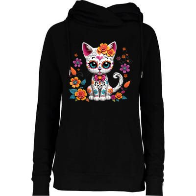 Floral Cat Sugar Skull Day Of The Dead Dia De Los Muertos Womens Funnel Neck Pullover Hood